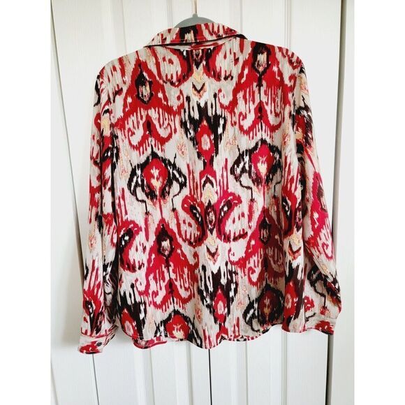 Chico's 2 Multicolor Button Front Top Shirt Size L Tan Red Brown Southwest Style - Picture 2 of 8